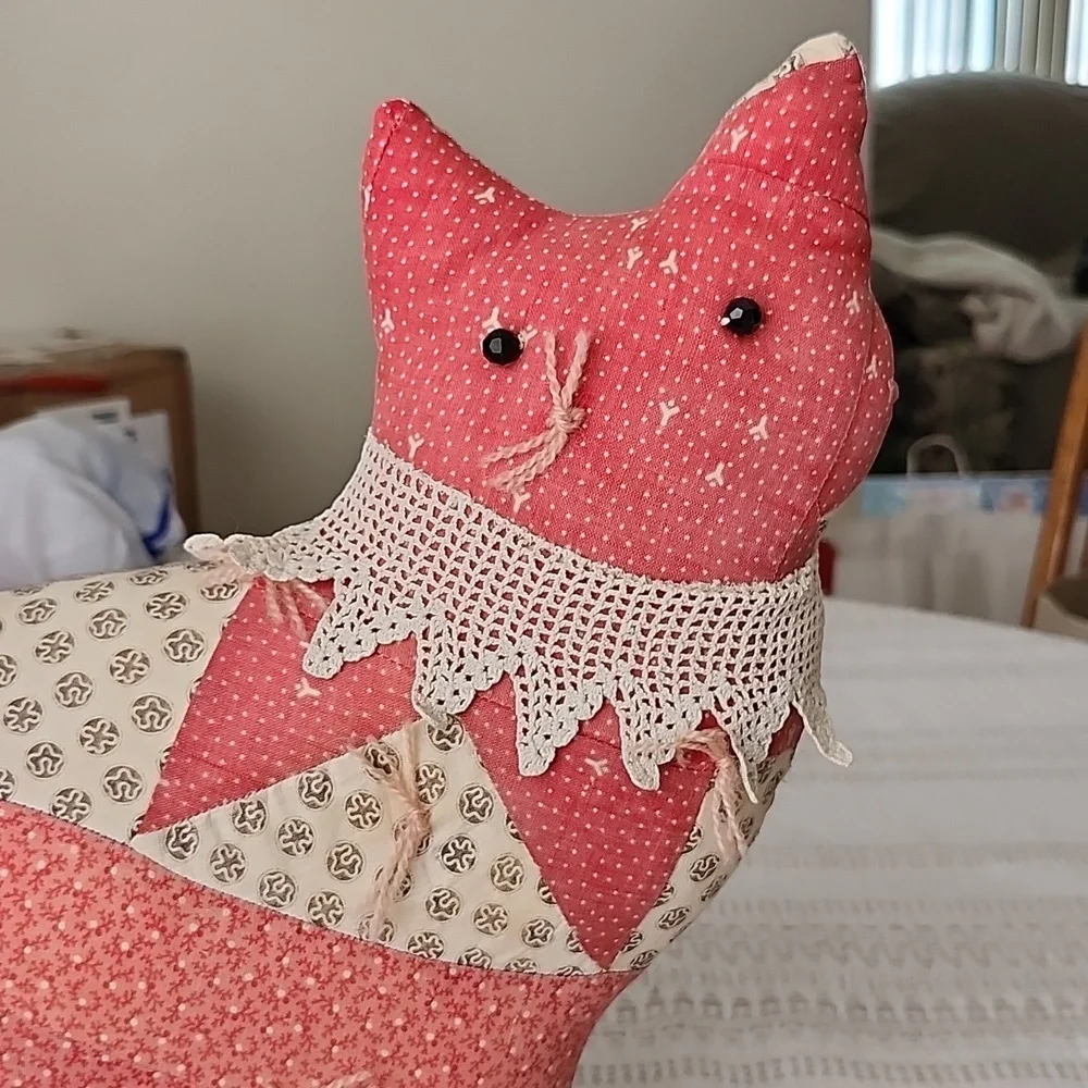 Antique quilted cat pillow patchwork cottagecore Handmade